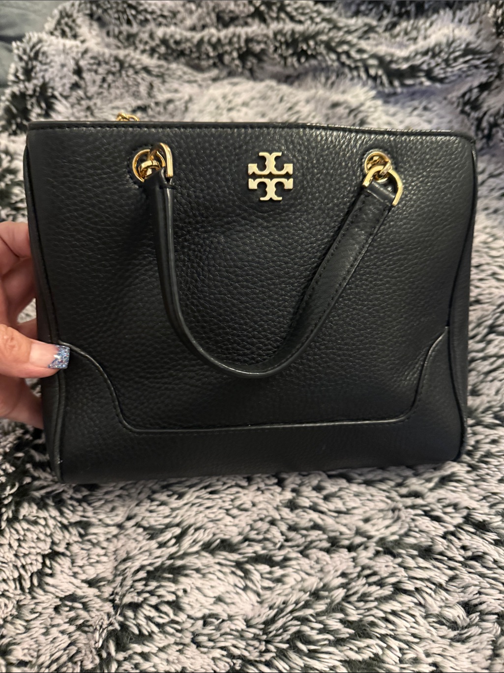 Tory Burch Black Pebbled Leather Satchel With Gold-Tone Logo